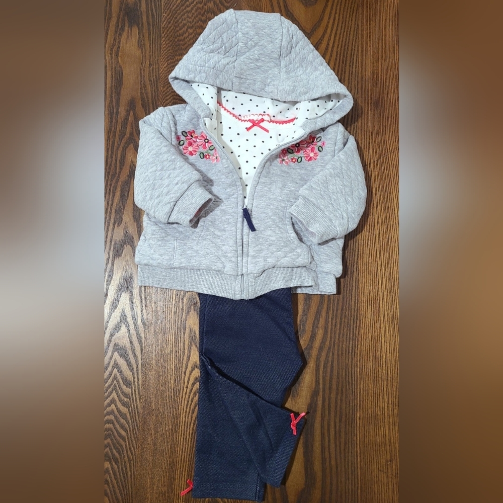 Little Me quilted hooded jacket with onesie and leggings, size 6M